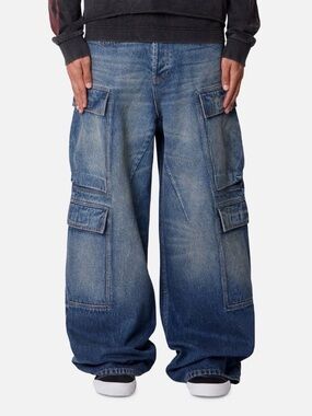 MNML Men's Washed Blue Cargo Jeans